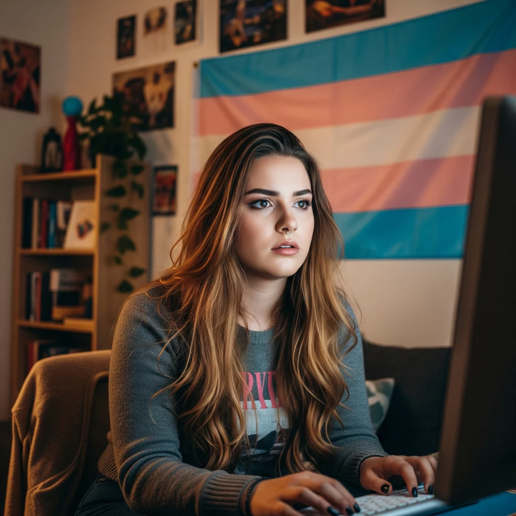 Mujer trans investigando en su ordenador sobre cómo puede afectar su IMC a los resultados o la recuperación de su FFS o Cirugía de Afirmación de Género.
