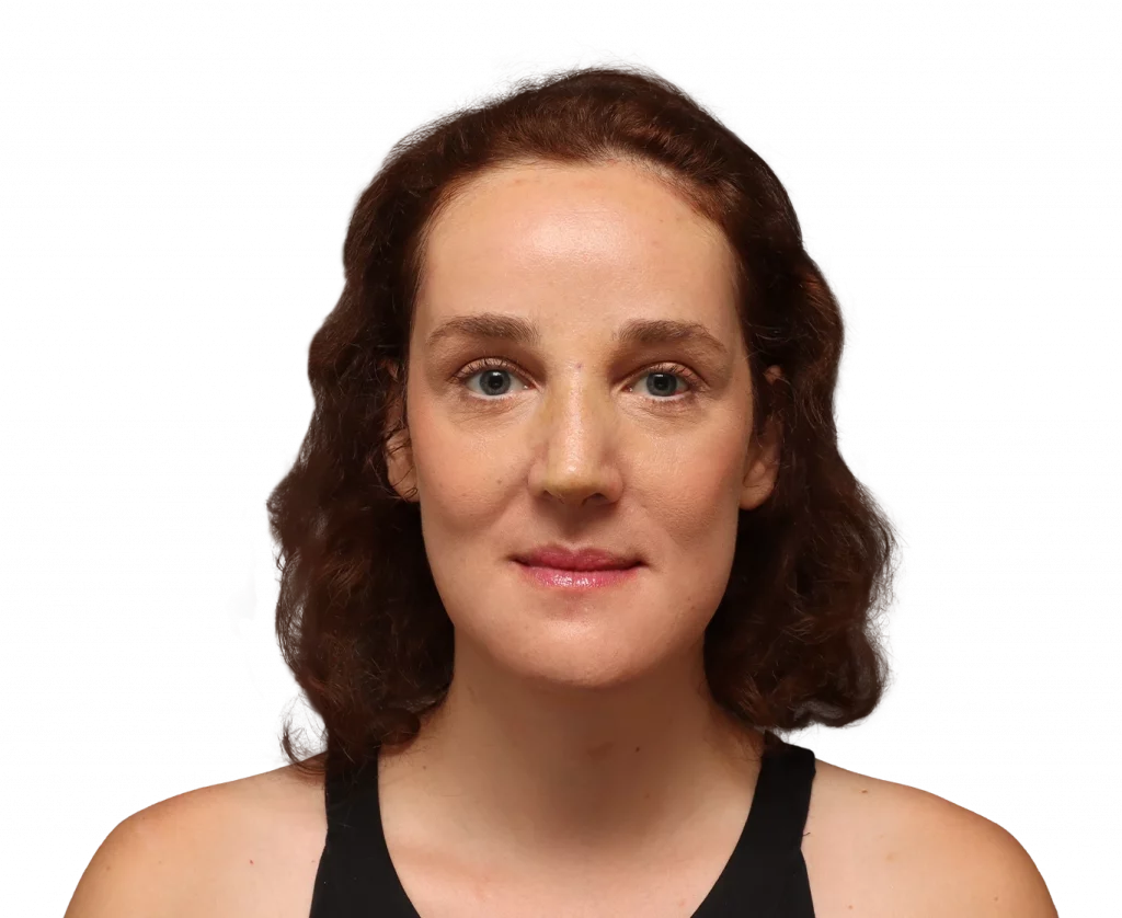 Portrait of a woman facing the camera, wearing a black sleeveless top, with short brown hair and a neutral expression.